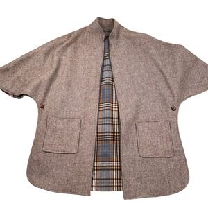 Cape Coat Women OSFA Brown Gray Check Plaid Jacket Pockets Zip Button Open Sides